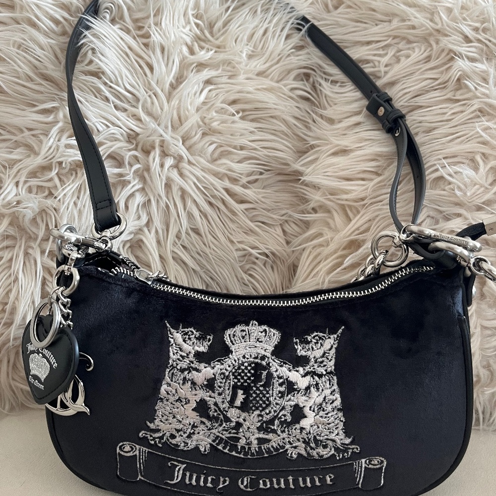 Juicy Couture Twig dog Scottie dog Hollyhock Black & white Velvet Hobo Bag New